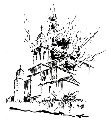 Boladura del Santuario por parte de los franceses - Dibujo a plumilla del desaparecido escritor torenense Francisco González