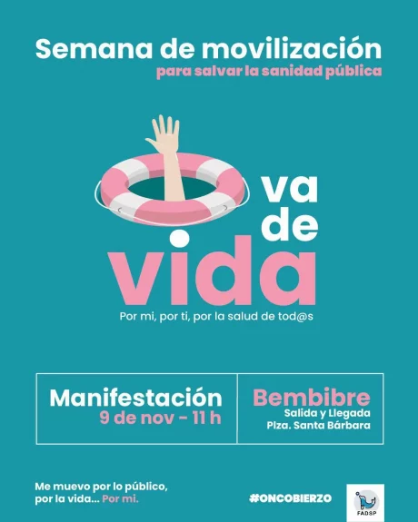 Cartel de la manifestación de Oncobierzo en Bembibre: “Semana de movilización para salvar la sanidad pública”, 9 de noviembre, 11:00, salida y llegada en Plaza de Santa Bárbara.