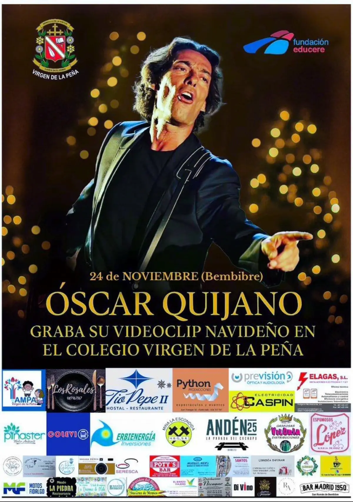 Cartel del videoclip navideño de Óscar Quijano en el colegio Virgen de la Peña de Bembibre, con el cantante en primer plano y logotipos de patrocinadores