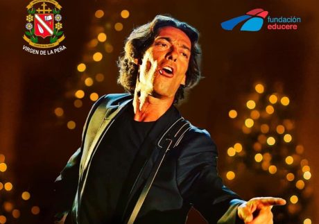 Cartel del videoclip navideño de Óscar Quijano en el colegio Virgen de la Peña de Bembibre, con el cantante en primer plano