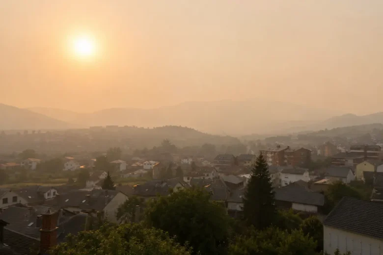 Vista general bajo una ligera calima provocada por polvo africano, con el cielo anaranjado y las montañas difuminadas al fondo.