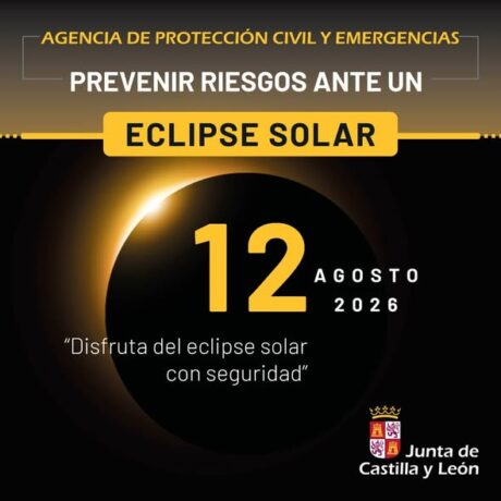 Cartel de la Junta de Castilla y León sobre prevención de riesgos ante el eclipse solar del 12 de agosto de 2026