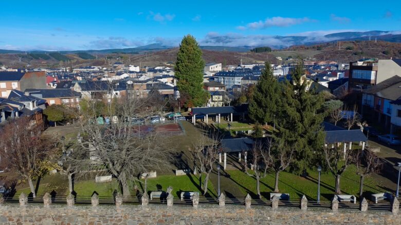 Vista panorámica de Bembibre desde el entorno del Palacio, con el casco urbano, zonas ajardinadas y las montañas del Bierzo al fondo.