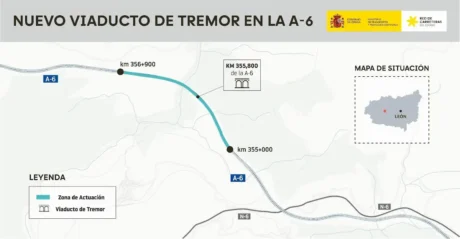 Mapa de situación del nuevo viaducto de Tremor en la A-6, con la zona de actuación entre los kilómetros 355 y 356,9 en Torre del Bierzo.