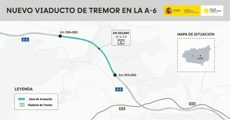 Mapa de situación del nuevo viaducto de Tremor en la A-6, con la zona de actuación entre los kilómetros 355 y 356,9 en Torre del Bierzo.