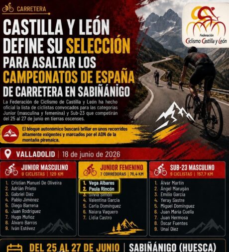 Cartel de la Federación de Ciclismo de Castilla y León con la convocatoria para el Campeonato de España de carretera en Sabiñánigo, con Vega Albares y Paula Rincón destacadas en la selección junior femenina