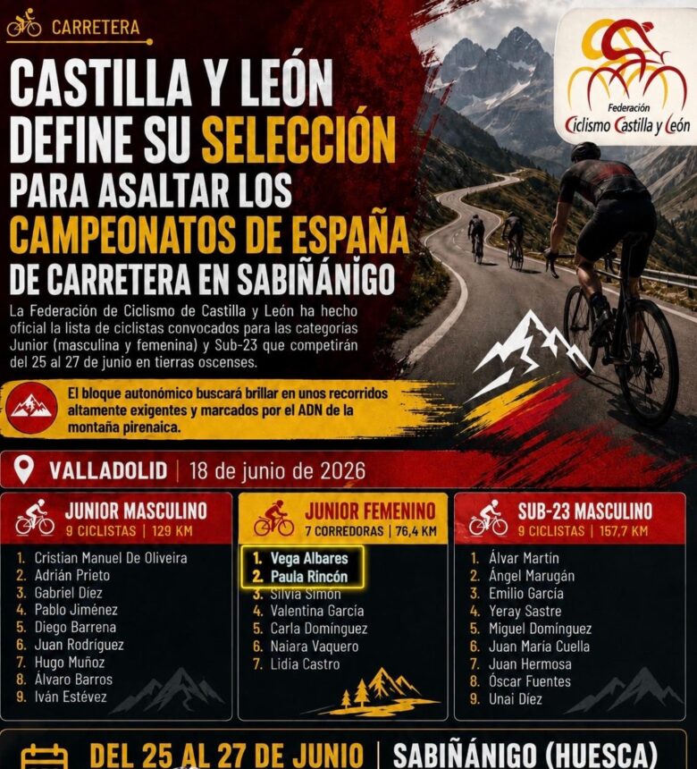 Cartel de la Federación de Ciclismo de Castilla y León con la convocatoria para el Campeonato de España de carretera en Sabiñánigo, con Vega Albares y Paula Rincón destacadas en la selección junior femenina